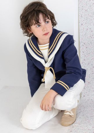 Marinero de algodón azul marino para niño con cuello marinero blanco y detalles dorados